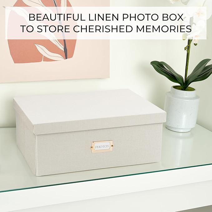 ZICOTO Decorative Photo Storage Box - Sturdy Linen Photo Organizer with Dividers is Perfect to Store Up to 1700 Pictures and 5x7 Photos - Portable Scrapbook Storage Containers with Lid
