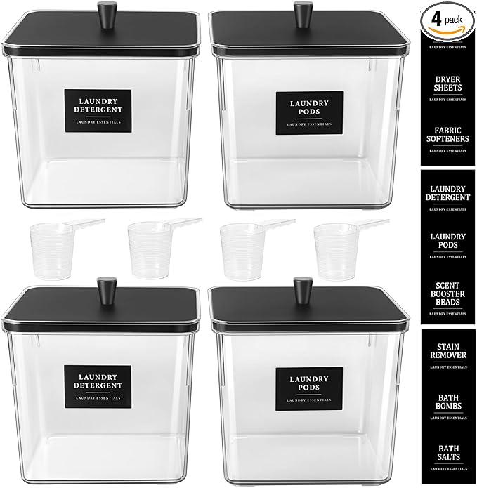 Hudgan 4 Pack Laundry Pods Detergent Containers, Laundry Room Organization and Storage Container with Lids & Labels, Large Acrylic Jars with Scoop
