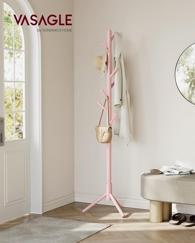 VASAGLE Solid Wood Coat Rack, Free Standing Tree-Shaped Coat Rack with 8 Hooks, 3 Height Options, for Clothes, Hats, Bags, Living Room, Bedroom, Home Office, Jelly Pink URCR004R01