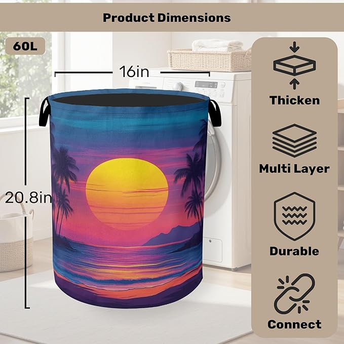 Hawaiian Sunset Foldable Laundry Hamper - Waterproof Fabric Storage Basket with Handles, Clothes Hampers for Laundry,Bedroom,Dorm