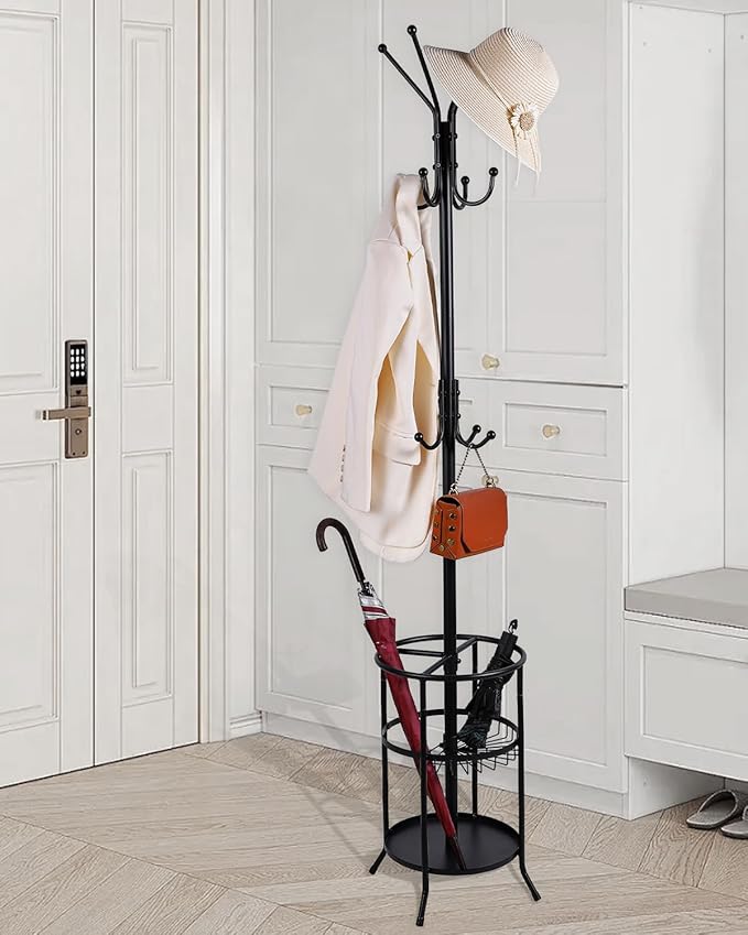 Metal Coat Rack Freestanding Coat Rack with Umbrella Stand, Black Coat Tree with 12 Hooks for Clothes Hats Bags, Modern Coat Hanger Stand for Entryway Living Room Bedroom Office Use