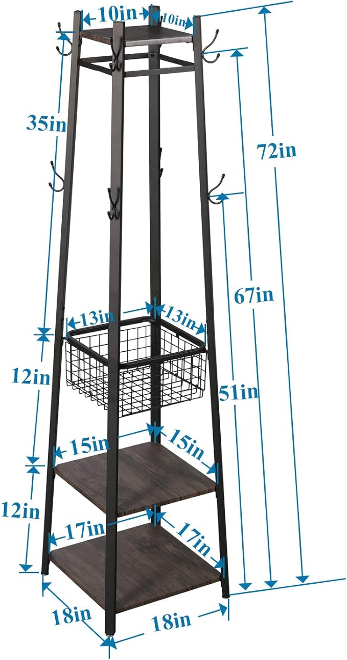 VECELO Coat Rack Freestanding, Entryway Clothes Stand with Metal Basket and 2 Shelves, Upgrade Hall Trees with 8 Dual Hooks for Bags, Hats, and Umbrellas, Industrial Styles, Vintage Brown+ Black
