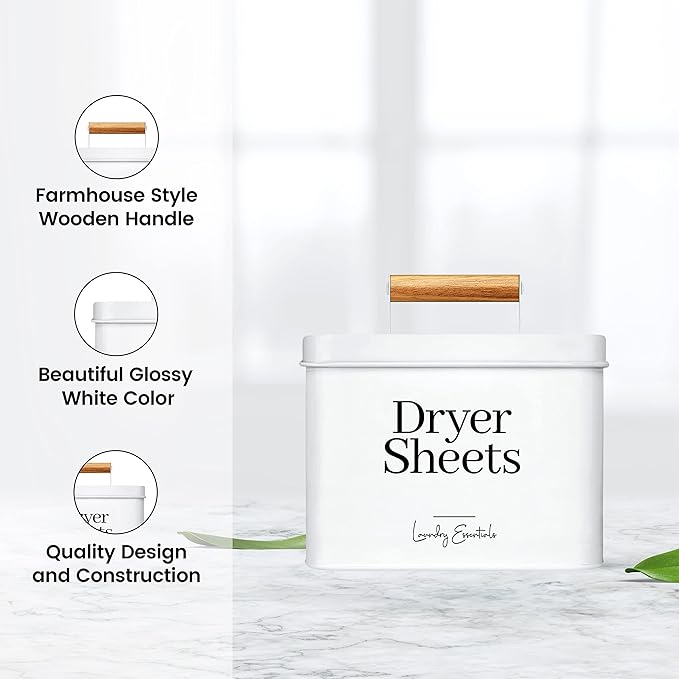Simplation Modern Farmhouse Dryer Sheet Holder for Laundry Room Decor and Accessories, Metal Dryer Sheet Container for Laundry Decor, Dryer Sheet Dispenser for Laundry Room Organization (White)