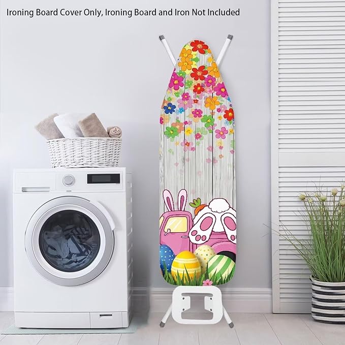 Bunny Thick Iron Board Cover with Elastic Edge Wood Print Ironing Board Covers Loop Fastener Strap Standard Size Easter Living Room Decoration