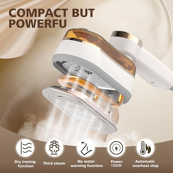 Portable Steamer Iron for Clothes, 1200W Handheld Mini Travel Steamer with 4 Modes, 150ml Powerful Clothes Wrinkle Remover with LCD Display, A Small Iron Suitable for Home, Dorm & Travel (Beige)