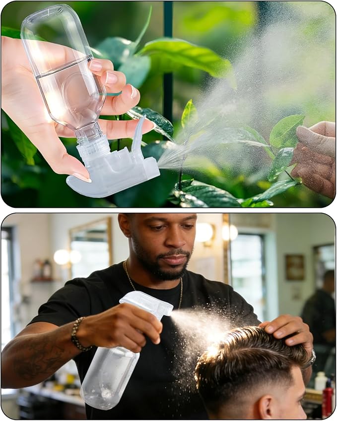 2 Pack 360° Spray Bottles, 10 oz Plastic Small Containers with Adjustable Spray Nozzles, Spray Bottles for Hair, Cleaning Solutions, BBQ and Plants Clear