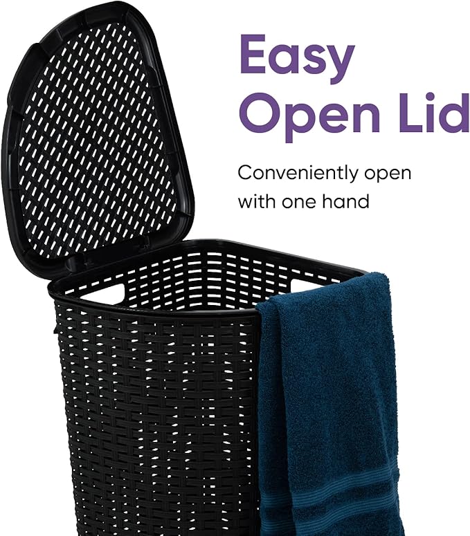 Plastic Corner Laundry Hamper with Lid, Curved Designed Laundry Basket, 2 Pack Triangle Black Cloths Hamper Organizer with Cut-out Handles for Laundry Room Bedroom Bathroom, Wicker Design, 50 Liter