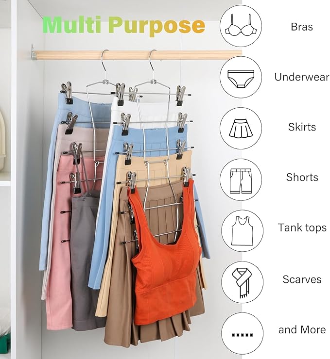 Pants Hangers,Space Saving 3 Pack Metal 6 Tier with Clips Holds 18 Skirts/Pants/Jeans/Shorts, w/360°Rotating Hook, Skirt Hangers Space Saving Closet Organizers and Storage (3)