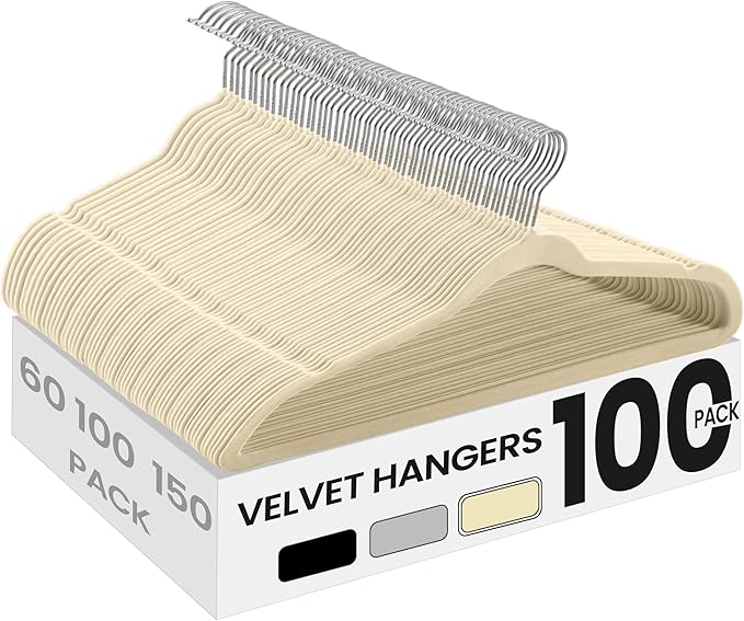 SONGMICS Velvet Hangers 100 Pack, Non-Slip Clothes Hangers with Silver-Colored Swivel Hooks, Slim Space-Saving for Closet, Heavy-Duty, Summer Sand UCRF026LF02S