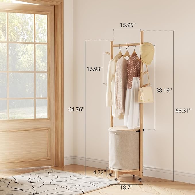 Solid Wood Coat Rack with Fabric Basket - Coat Hanger Stand Coat Tree Rack Freestanding with 9 Hooks Wheels, Small Clothes Rack For Entryway Bedroom Hallway Living Room