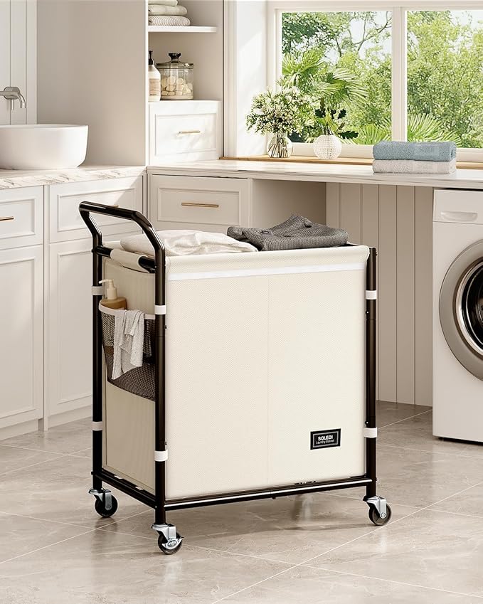 SOLEDI Laundry Basket with Wheels,38 Gallons(145L) Laundry Hamper 2 Section,Sturdy Metal Frame with Handle,Laundry Cart,Rolling Laundry Basket for Bedroom Aesthetic,Easy to Assemble,Ivory