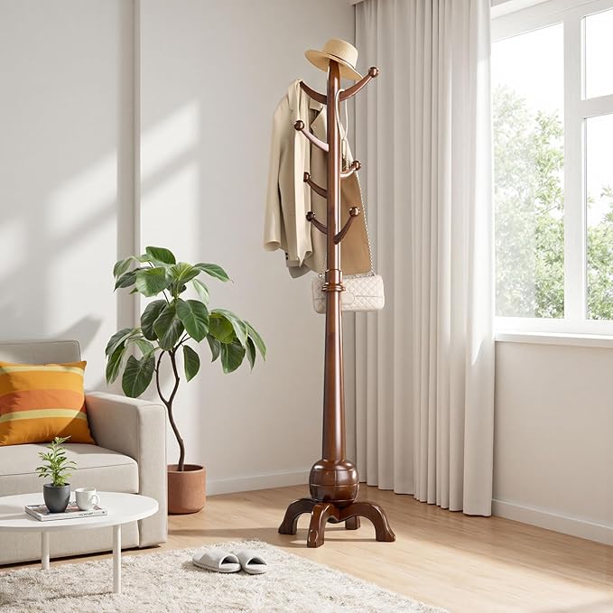 Wood Coat Rack Freestanding, Solid Wooden Hall Tree with 8 Hooks, Coat Tree Freestanding Heavy Duty with Stable Base, Entryway Hallway Bedroom Office Use, 240lbs Load Capacity H:71.6in (Walnut)