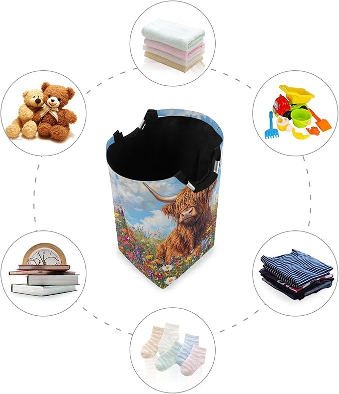 xigua Highland Cow Large Laundry Hamper with Handle, Foldable Clothes Hamper Collapsible Storage Basket for Toys and Clothes Organization in Bedroom, Bathroom, and Laundry Room
