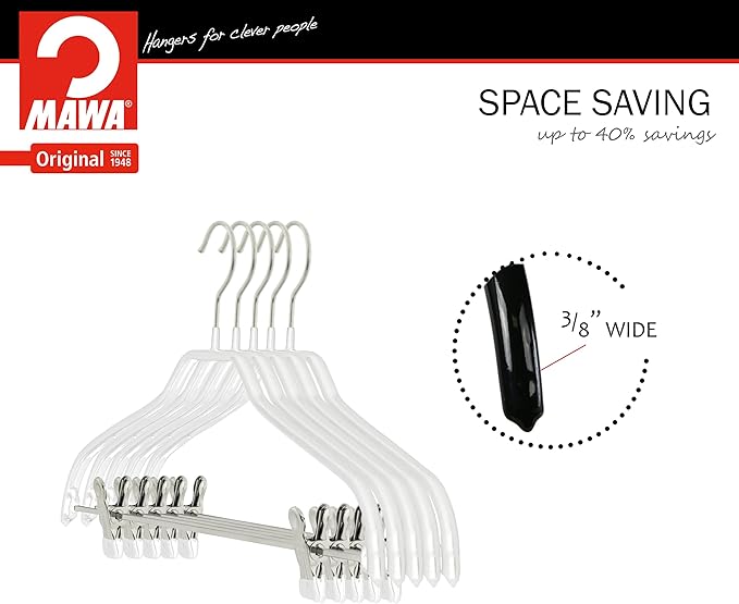 Mawa by Reston Lloyd Silhouette Series Non Slip Space Saving Hanger with Pant Clips, Style 40/FK,Set of 70, White