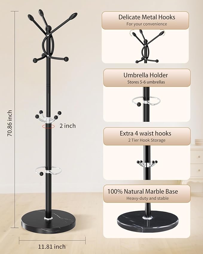 Metal Coat Rack with Natural Marble Base, Coat Rack Stand with 12 Hooks & Umbrella Holder, Black Modern Freestanging Coat Racks, Coat Jacket Hanger Tree Stand for Corner Entryway Office