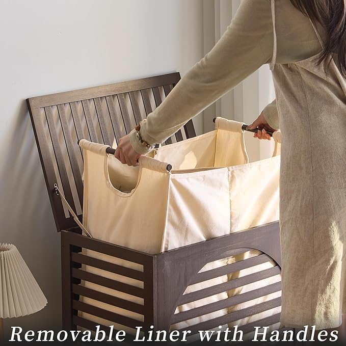 Laundry Hamper with Lid, Bamboo Clothes Laundry Basket with Handles, Removable 2-Section Liner bag, Hampers for Bedroom Aesthetic, Large Storage for Bath Towel, Sheets or Toys, Home (Brown)