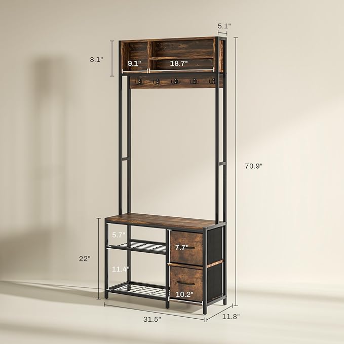 HOMCOM Hall Tree with Bench and Shoe Storage, 5-in-1 Entryway Bench with Coat Rack, 3 Storage Compartments, 5 Coat Hooks, 2 Fabric Drawers, Distressed Dark Brown
