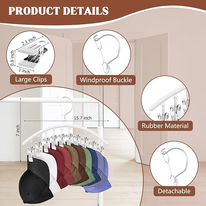 3 Pack Hat Hangers for Closet Display, Metal Hat Organizer for Baseball Caps with 30 Clips, Hats Rack Holder for Closet, Hats Storage for Baseball Caps Beanie Accessories Men Women, White