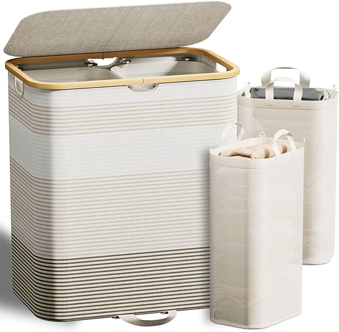 Double Laundry Hamper with Lid and Removable Bags, 150L Large Collapsible 2 Dividers Dirty Clothes Basket with Handles, Beige Double Laundry Basket Organizer for Bedroom,Laundry Room,College