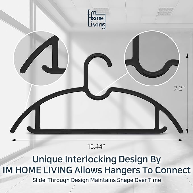 15" Compact Slim & Slimlink Interlocking Clothes Hangers, Space-Saving Lightweight Plastic Hangers for Small Closets, Dorms, Apartments, Travel, RVs & Petite Clothing (Black, 30)