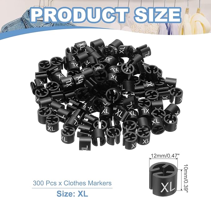 PATIKIL 300 Pcs Clothes Hanger Markers XL Fit Rod Garment Size Tag Hanger Clips Round Color Coding Label for Clothing, Black