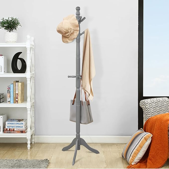 MEDIMALL Height Adjustable Coat Rack Freestanding, Rubber Wood Hall Tree, Entryway Coat Hanger Stand with 9 Hooks & Stable Tri-Legged Base For Home Office Entrance, Hat Stand, Gray