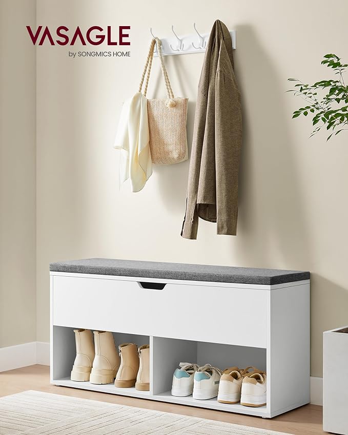 VASAGLE Shoe Storage Bench with Cushion, Entryway Shoe Rack Bench with Storage, 2 Open and 1 Hidden Compartments, for Living Room, Bedroom, White and Gray ULHS021W01