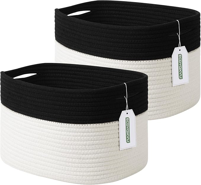Cotton Rope Storage Basket, 15x10x9 Inches, Woven Basket for Shelves, Clothes, Towels, Books, and Laundry, Black/White (2 Pack)
