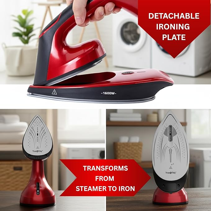 True & Tidy 2-in-1 Iron and Handheld Steamer, 1600W Dual Heating System with Ceramic-Coated Plate, LCD Display, No-Drip Technology, 3 Fabric Modes, Portable Garment Steamer for Home & Travel