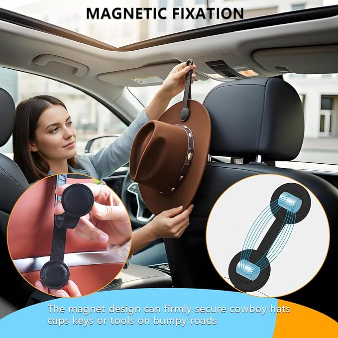 Magnetic Hat Holder for Car Seat and Sunglass Holder for Visor, 2-Piece Car Accessories Set with Magnet for Cowboy Hat, Baseball Cap, Glasses, Car Essentials