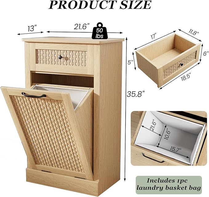Tilt Out Laundry Hamper Cabinet, Rattan-Style Laundry Room Organization with Removable Laundry Basket, Hidden Wood Dirty Clothes Hamper with Drawer, 21.6" L x 13" W x 35.8" H, Wood