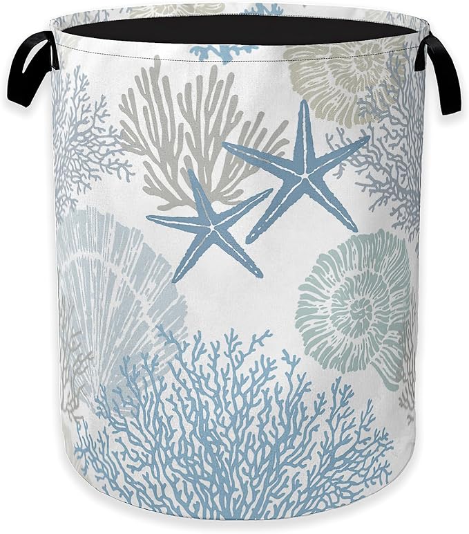 Collapsible Laundry Basket,Coastal Beach Dirty Clothes Hamper,Watercolor Shell Starfish Coral Hampers for Bedroom Waterproof Oxford Cloth Storage Organizer for Bathroom,Nursery,Dorm,16x20 Inch