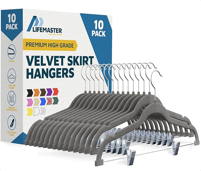 Lifemaster Velvet Skirt Hangers – with Adjustable Clips, 360 Degree Swivel Hook, and Non-Slip Shoulder Notch, Holds Up to 10 lbs, for Organizing Skirt, Pants, Dress, and Clothes, Pack of 10, Gray