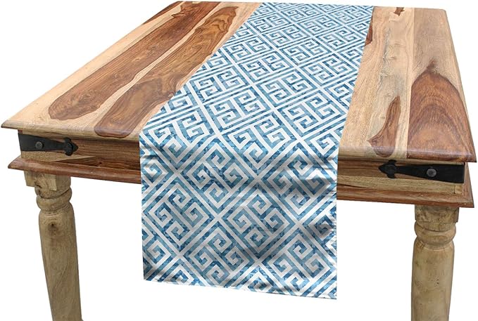 Ambesonne Geometric Table Runner, Tile Mosaic Pattern in Antique Meander and Camo Style Effect Print Modern, Dining Room Kitchen Rectangular Runner, 16" X 90", Blue White