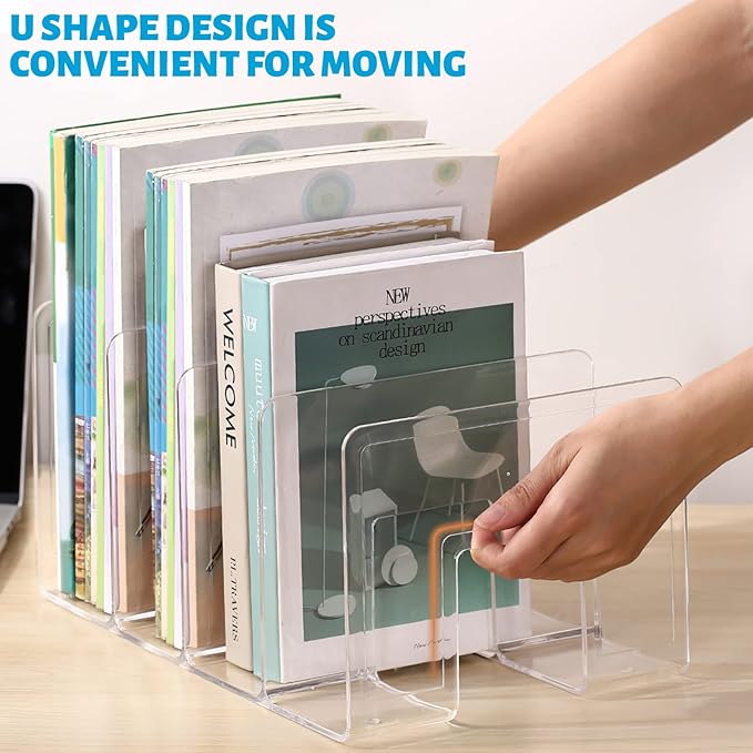 Marte Vanci Clear Acrylic File Sorter, Sturdy Desk File Organizer Shelf Book Holder Purse Handbag Clutch Divider File Folder Rack for Letter Cookbooks Home Office Kitchen Supplies 4 Sections (4 Pcs)