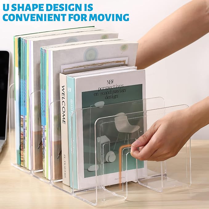 Marte Vanci Clear Acrylic File Sorter, Sturdy Desk File Organizer Shelf Book Holder Purse Handbag Clutch Divider File Folder Rack for Letter Cookbooks Home Office Kitchen Supplies 4 Sections (2 Pcs)