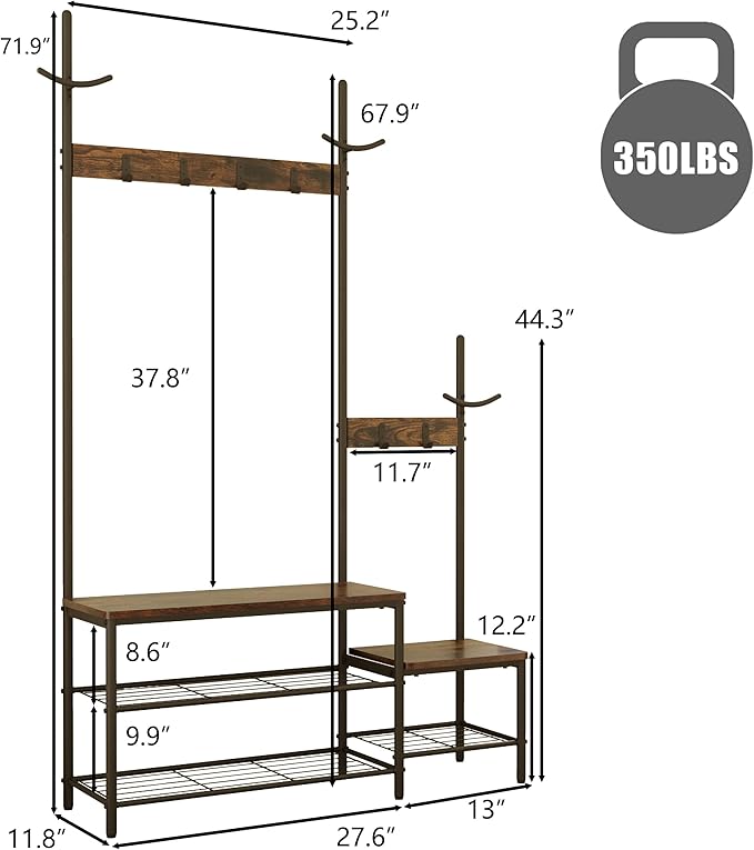 CharaVector Hall Tree Coat Rack Shoe Bench, Industrial Design, 3-in-1, Rustic Brown