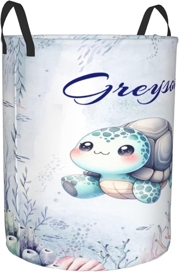 Personalized Turtle Laundry Basket For Baby Kids Boys Girls Adult Custom Hamper Basket With Name For Bathroom Bedrooms Collapsible Baby Laundry Basket, Dirty Clothes Hamper With Handles