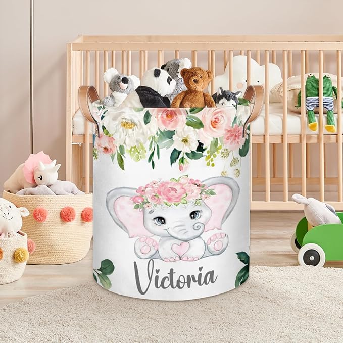 Personalized Laundry Basket, Custom Gift Laundry Hamper, Collapsible Nursery Waterproof Laundry Baskets, Dirty Clothes Toy Hamper with Handles Pink Floral Elephant