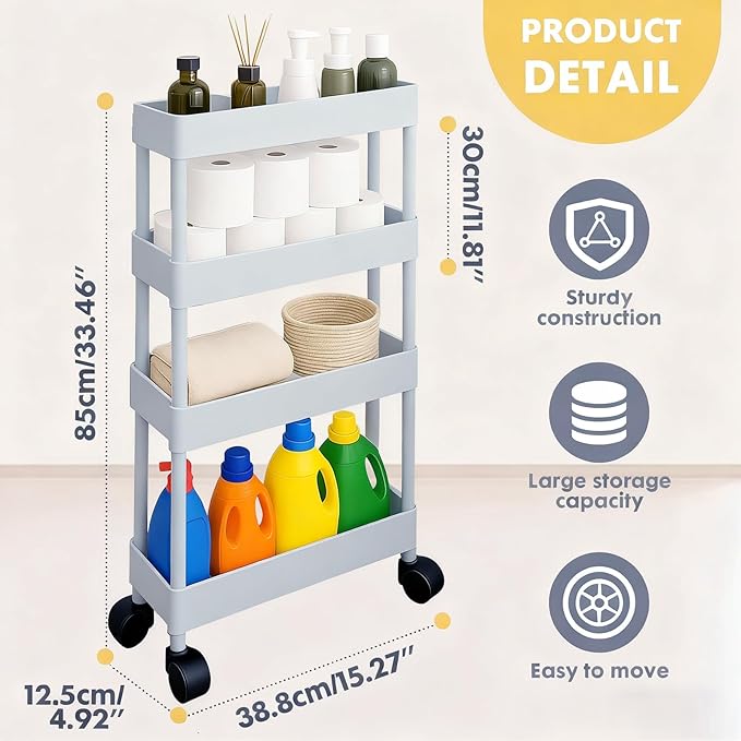 ShellKingdom 4 Tier Bathroom Storage Organizer, Slim Rolling Storage Cart for Narrow Space, Mobile Shelving Unit with Lockable Wheels and Hooks for Bathroom, Kitchen, Laundry Movable Shelf (Grey)