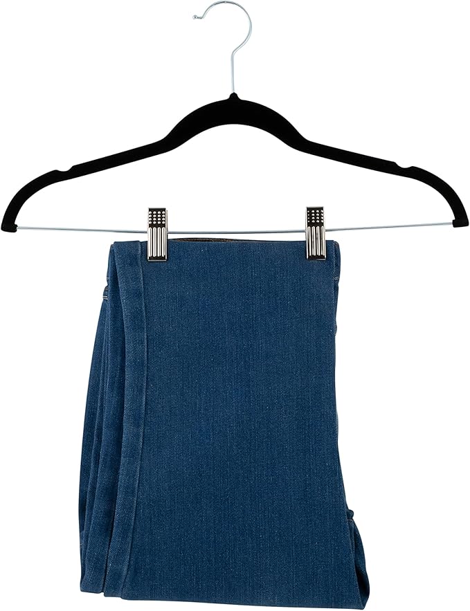 Simplify 24 Pack Velvet Hangers with Clips | Skirt and Pants | Slim Space Saving | Closet Organization | Non-Slip | Prevent Creases | Swivel Neck | Durable | Black