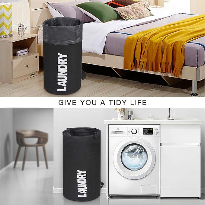 WOWLIVE Extra Large Foldable Laundry Bag Laundry Basket Collapsible Laundry Hamper Backpack Dirty Clothes Hamper Standing Waterproof Hampers for Dorm Room (Black)