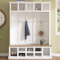 Merax Wood Farmhouse Hall Tree with Storage Entryway Bench, 3-in-1 Coat Racks with 6 Hooks &Shelves for Entrance, Hallway, Mudroom,White