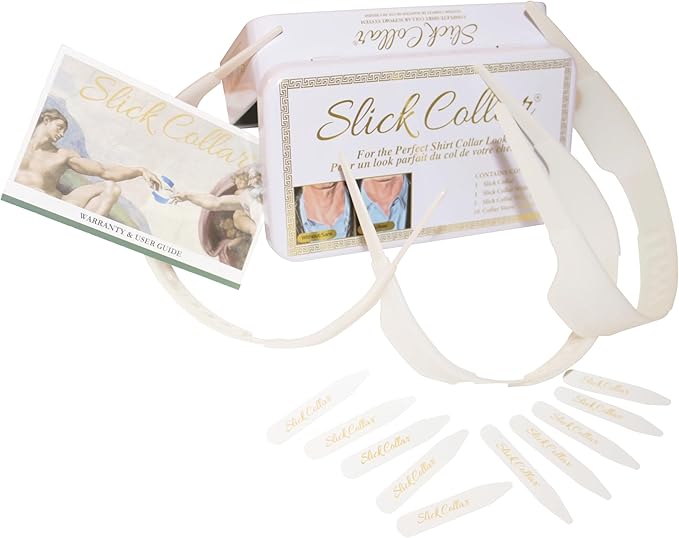 Slick Collar Shirt Collar Support System set with 3 adjustable, 10 premium Collar Stays & a Durable tin Travel EDC Box in White