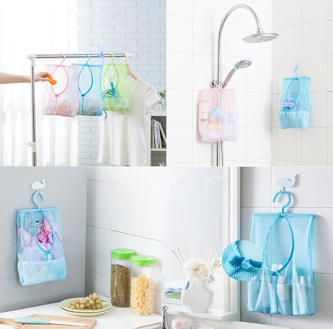 Yueton 3pcs Colorful Hanging Mesh Bag Set - Shower Storage Organizer with Clothes Clip Collection