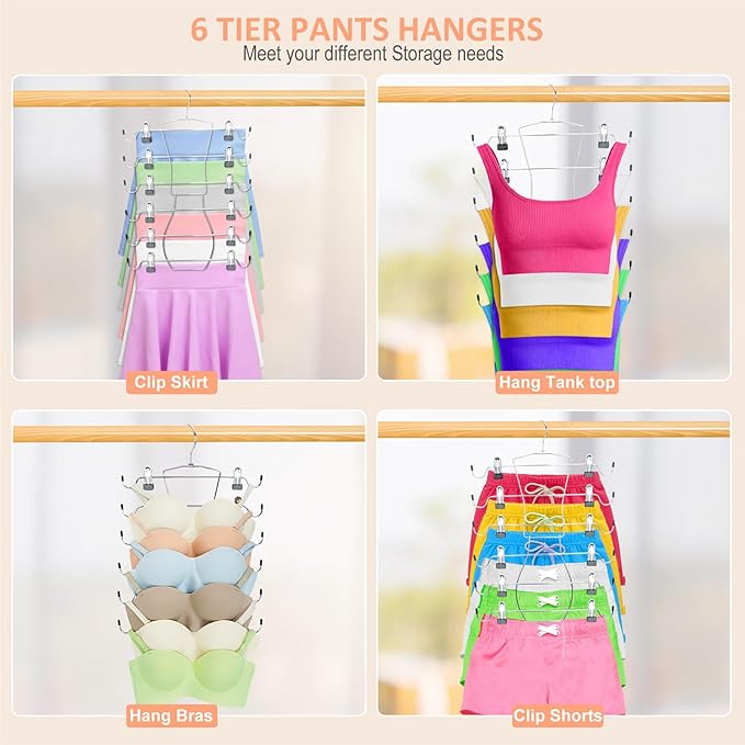 6 Tier Skirt Hangers Organizer, Metal Pants Hanger Space Saving with Adjustable Clips Holds 36 Skirts/Pants/Jeans/Shorts, 3 Pack Tank Tops Bra Hangers w/360°Rotating Hook