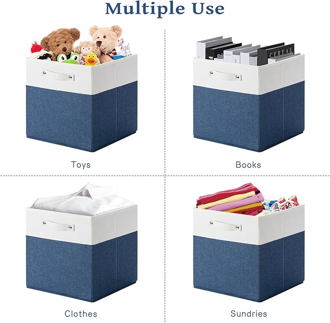13 x 13 Inch Fine Linen Storage Bins with Handles，Fabric Cube Boxs，Basket Organizers for Shelves for Home, Closet Drawers (White/Blue-6 Pack)