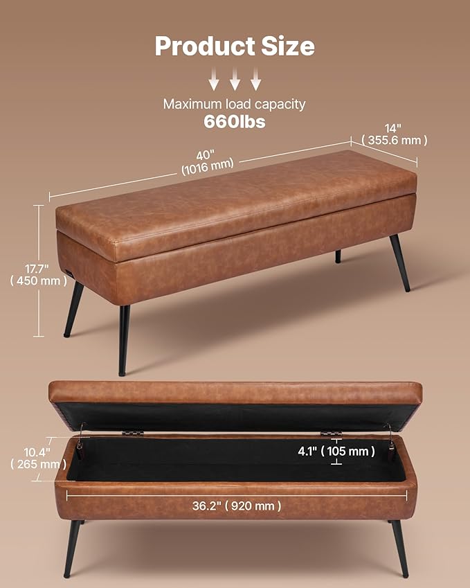 VEVOR Leather Storage Ottoman Bench, PU Leather Bench with Storage and Metal Legs, Upholstered Shoe Benches Seat for Entryway, Modern End of Bed Benches for Living Room, Dining Room, Hallway, Brown