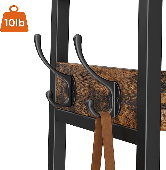Coat Rack Freestanding with Umbrella Holder, Coat Stand with 2 Shelves and 7 Hooks, Hall Tree, Clothes Rack Stand Organizer for Hallway, Entryway, Living Room, Rustic Brown and Black