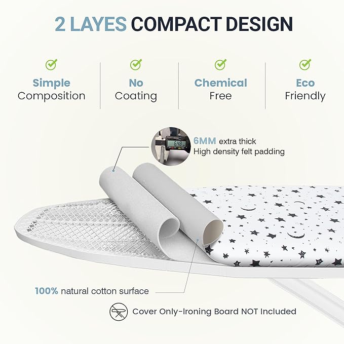 Ironing Board Cover and Pad 15"x54" Extra Thick Natural Cotton, Scorch and Stain Resistant Padding, Standard Size Iron Board Cover with Fasteners Heavy Duty Elastic Edge, Heatproof Nightfall